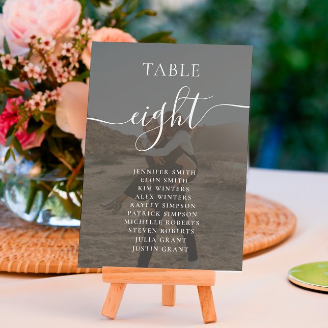 Elegant black white script names photos wedding table number (Creator Uploaded)