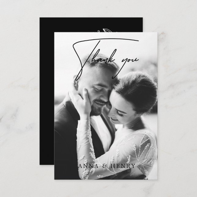 Elegant Black & White Script Photo Wedding  Thank You Card (Front/Back)