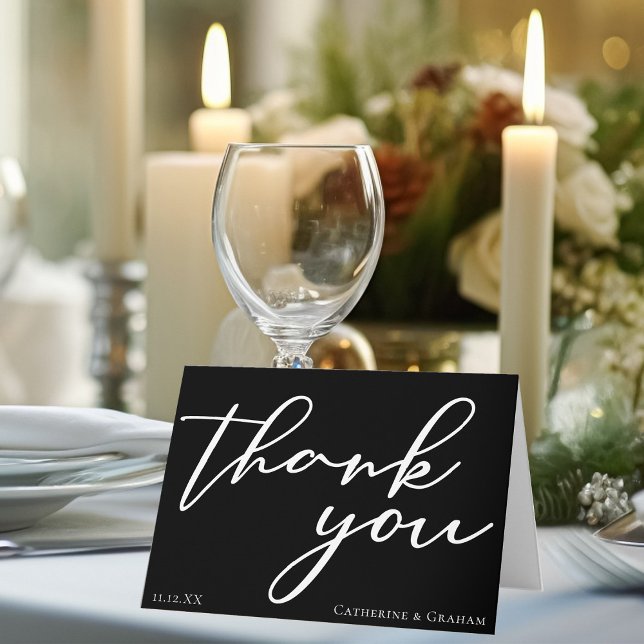 Elegant Black White Script Simple Modern Wedding Thank You Card (Creator Uploaded)
