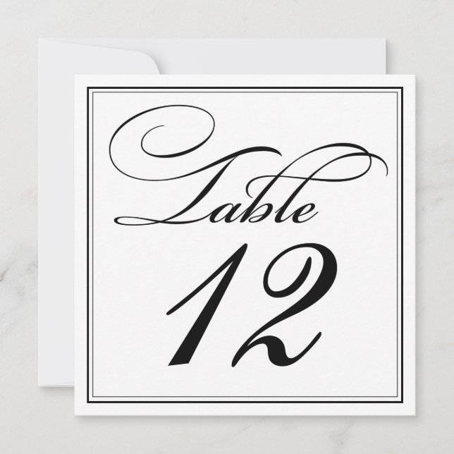 Elegant Black & White Script Table Number Cards (Front)