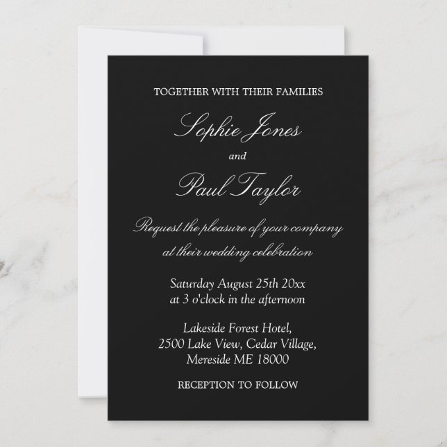 Elegant Black White Script Wedding Invitation (Front)