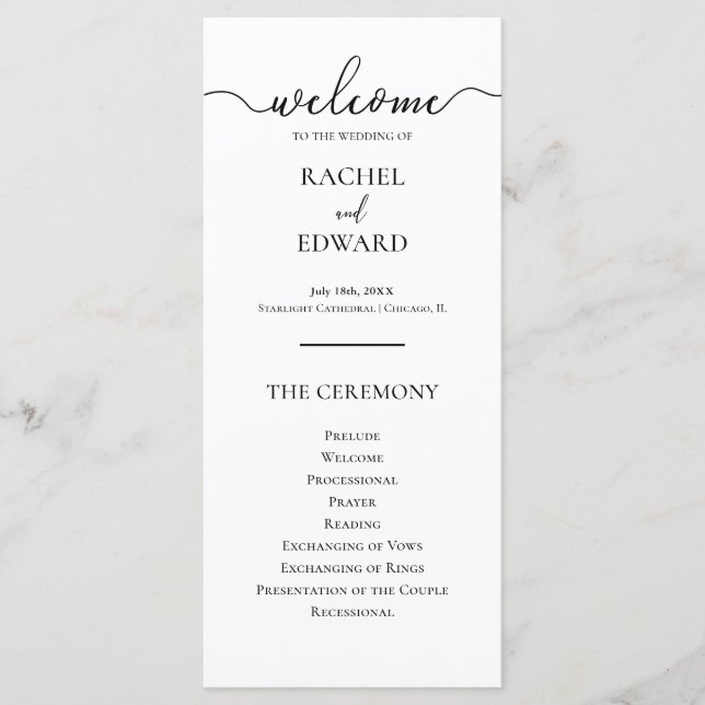 Elegant Black & White Script Wedding Program (Front)