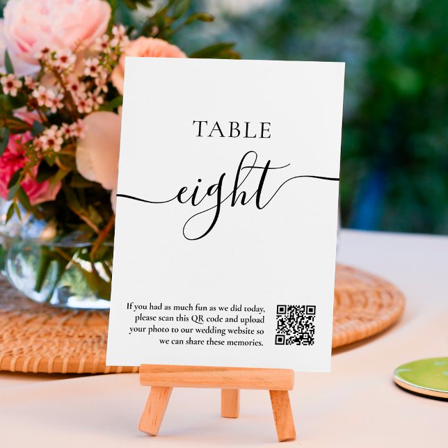 Elegant black white script wedding QR code Table Number (Creator Uploaded)