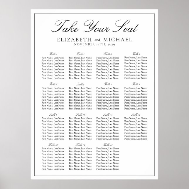 Elegant Black & White Script Wedding Seating Poster (Front)