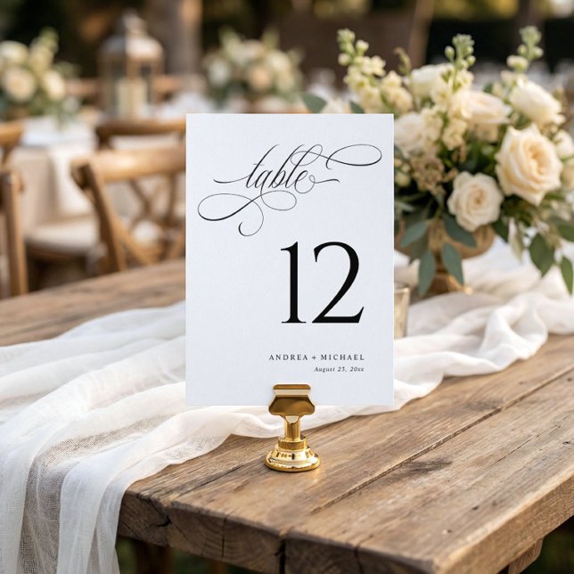 Elegant Black & White Script Wedding Table Numbers (Elegant calligraphy old money style wedding table numbers)