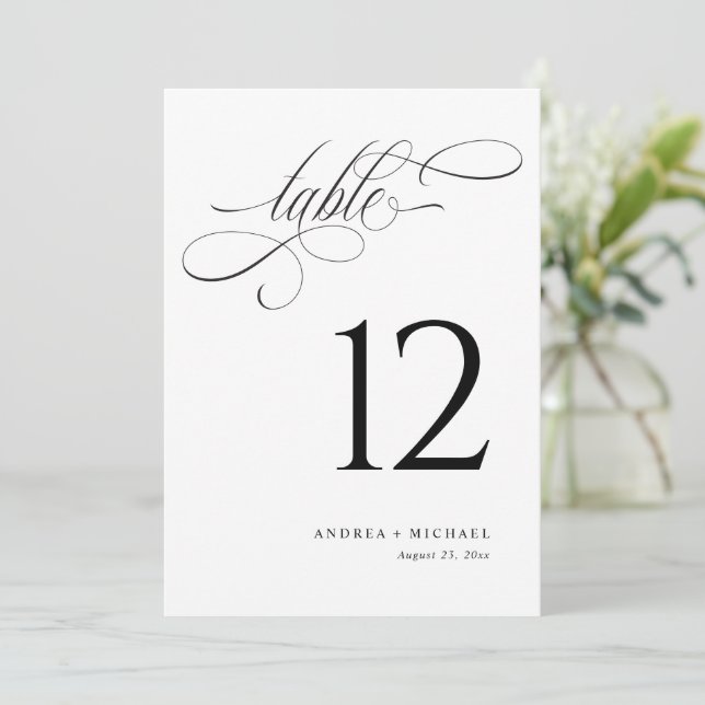 Elegant Black & White Script Wedding Table Numbers (Standing Front)