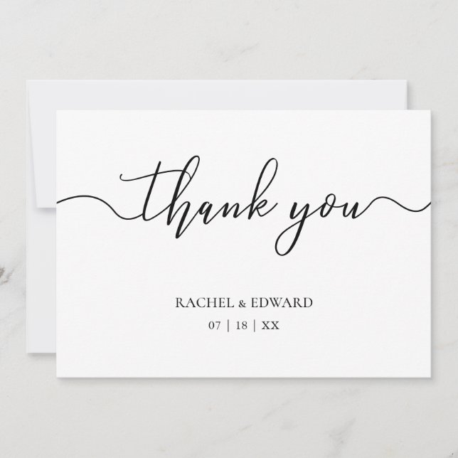 Elegant Black & White Script Wedding Thank You Card (Front)