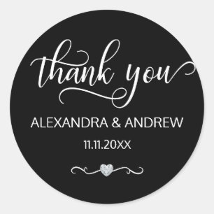 Elegant Black White Script Wedding Thank You Classic Round Sticker