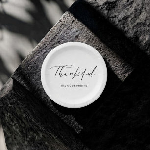 Elegant Black&White Scripted Thankful Thanksgiving Paper Plate