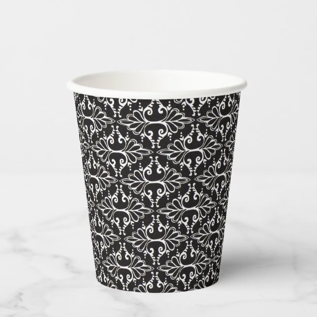 Elegant Black White Scrolled Damask Pattern Paper Cups (Front)