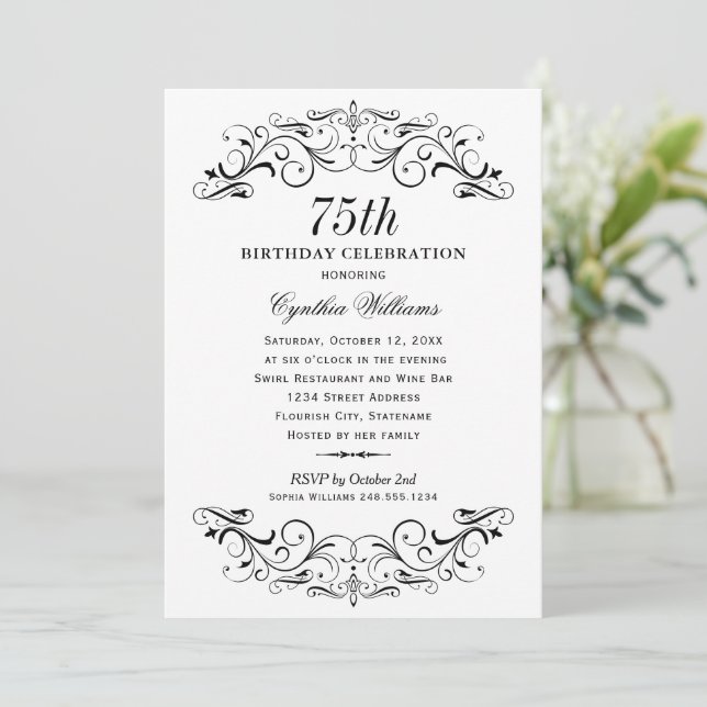 Elegant Black White Scrollwork Birthday Invitation (Standing Front)