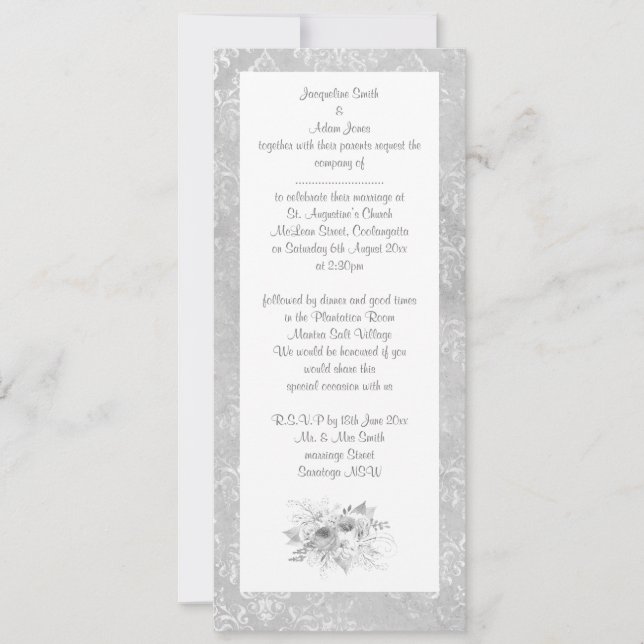 ELEGANT Black white silver bouquet floral WEDDING Invitation (Front)