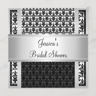 Elegant Black White Silver Damask Bridal Shower Invitation