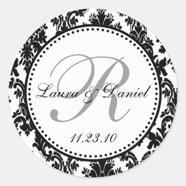 Elegant Black White Silver Damask Wedding Classic Round Sticker (Front)