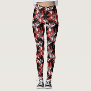 Elegant Black White Silver Flowers Burgundy Leggings