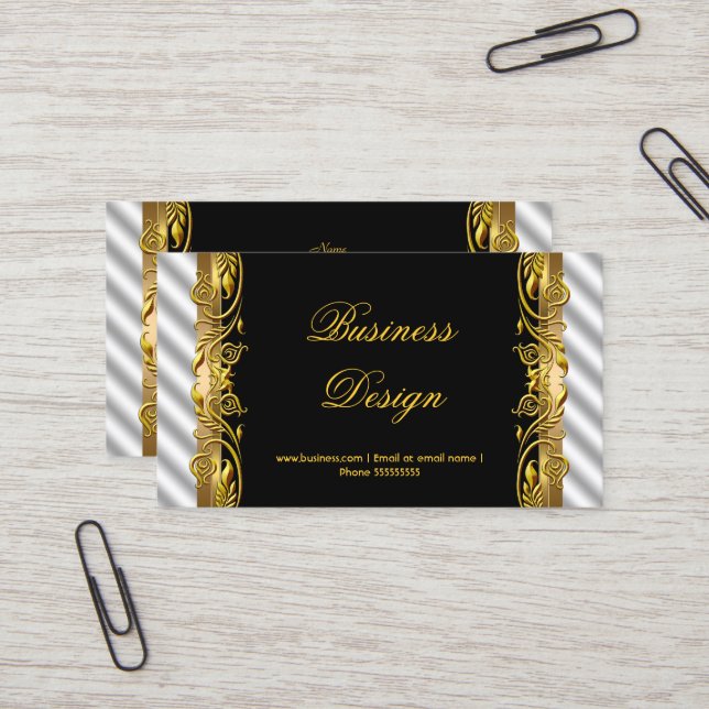 Elegant Black White Silver Gold Floral Ripple Business Card (Front/Back In Situ)