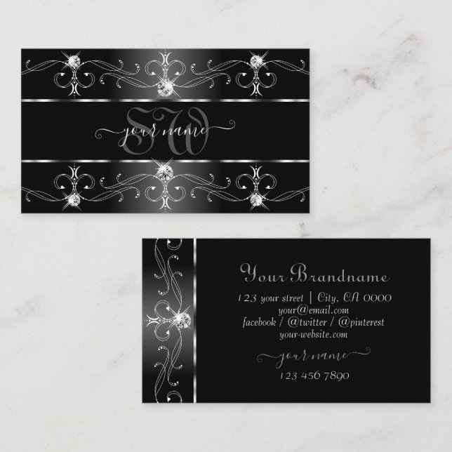 Elegant Black White Silver Ornate Borders Monogram Business Card (Front/Back)
