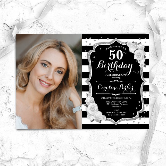 Elegant Black White Silver Photo 50th Birthday Invitation (Creator Uploaded)