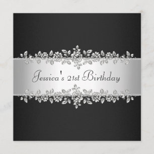 Elegant Black & White Silver Roses Birthday Party Invitation