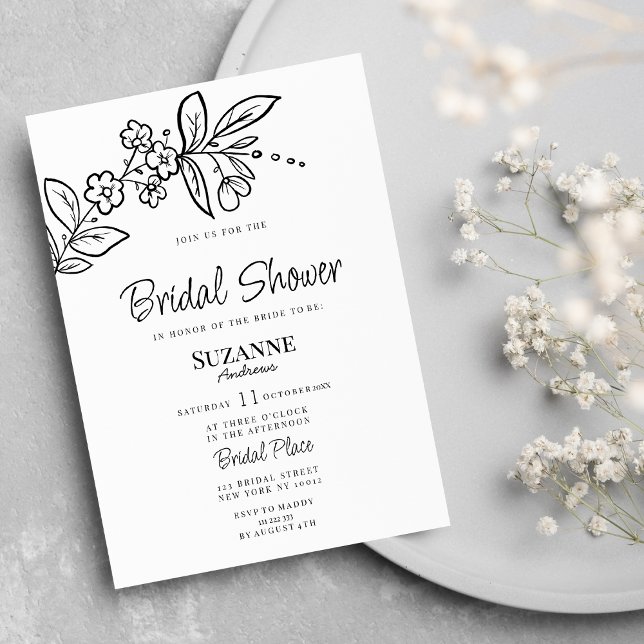 Elegant black white simple floral Bridal Shower Invitation (Elegant black white simple floral Bridal Shower)