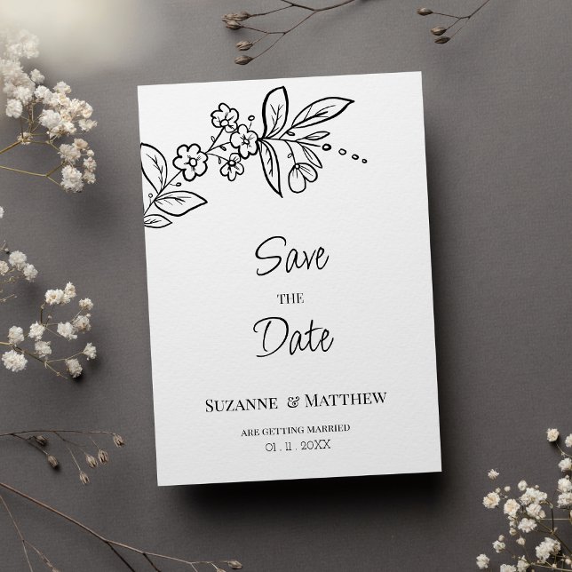 Elegant black white simple floral Save the Date Invitation (Elegant black white simple floral Save the Date)