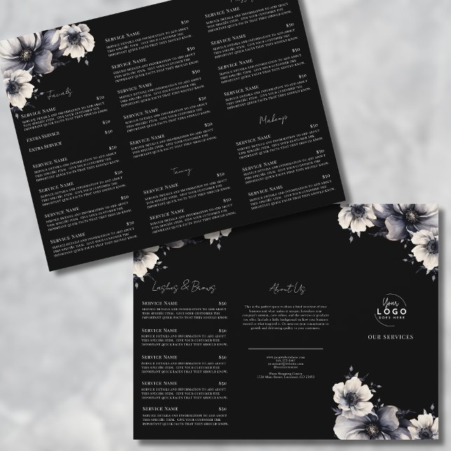 Elegant Black White Spa Services Menu Brochure (Elegant Black White Spa Services Menu Tri-Fold Flyer)