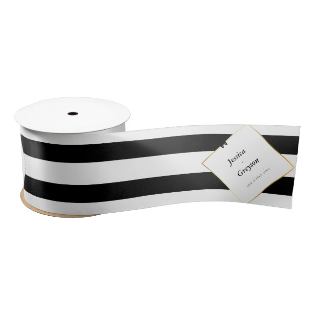 Elegant Black White Stripe Gold Frame Wedding Gift Satin Ribbon (Spool)