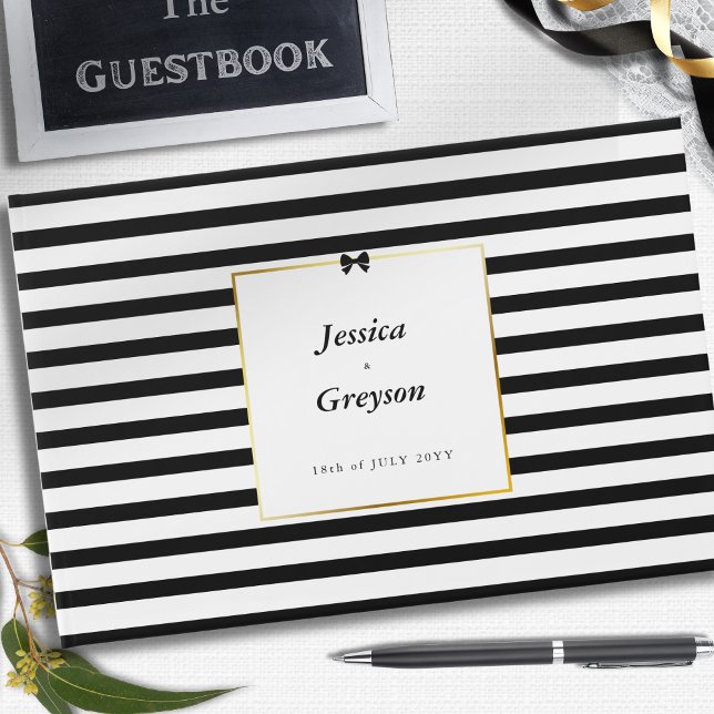 Elegant Black White Stripe Gold Frame Wedding Guest Book (Creator Uploaded)