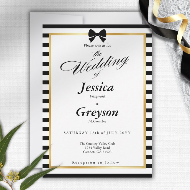 Elegant Black White Stripe Gold Frame Wedding Invitation (Creator Uploaded)