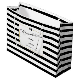 Elegant Black White Stripe Gold Frame Wedding Large Gift Bag