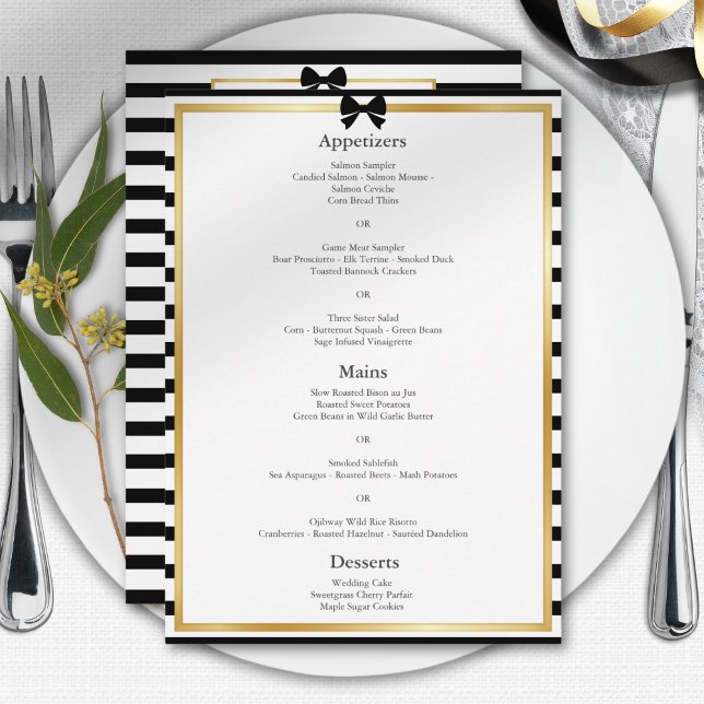 Elegant Black White Stripe Gold Frame Wedding  Menu (Creator Uploaded)