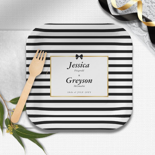 Elegant Black White Stripe Gold Frame Wedding Paper Plate (Creator Uploaded)