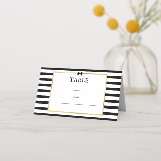 Elegant Black White Stripe Gold Frame Wedding Place Card (Front)