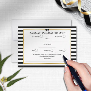 Elegant Black White Stripe Gold Frame Wedding RSVP Card