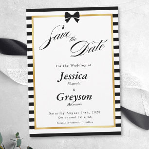Elegant Black White Stripe Gold Frame Wedding Save The Date