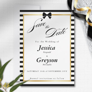 Elegant Black White Stripe Gold Frame Wedding Save The Date
