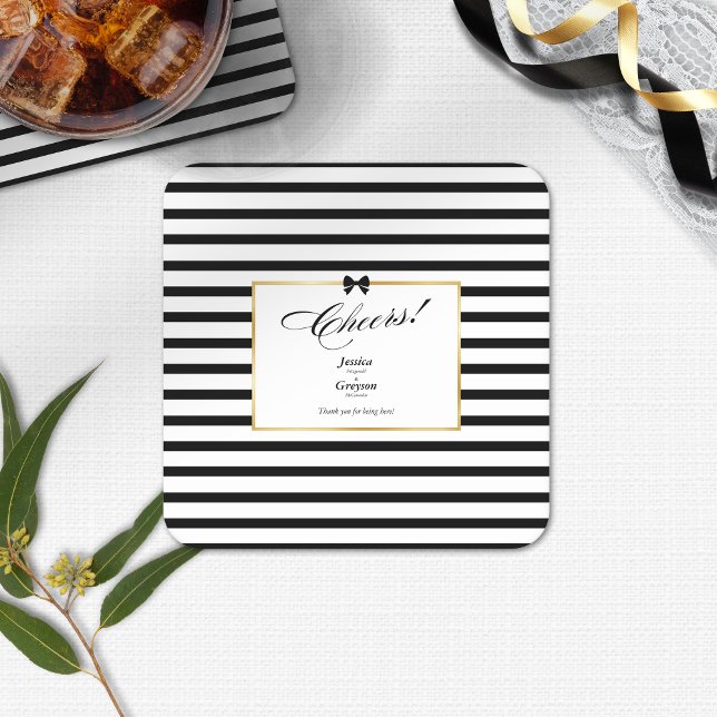 Elegant Black White Stripe Gold Frame Wedding Square Paper Coaster (Creator Uploaded)