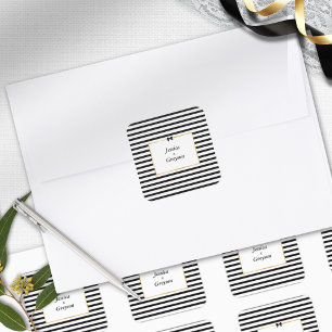 Elegant Black White Stripe Gold Frame Wedding Square Sticker