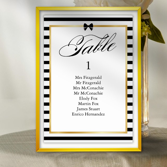 Elegant Black White Stripe Gold Frame Wedding Table Number (Creator Uploaded)