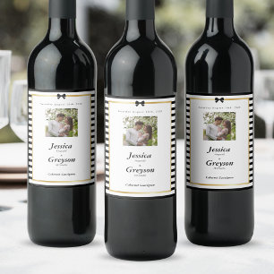 Elegant Black White Stripe Gold Frame Wedding Wine Label