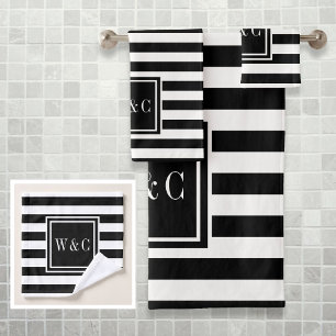 Elegant Black White Stripe Monogram Bath Towel Set