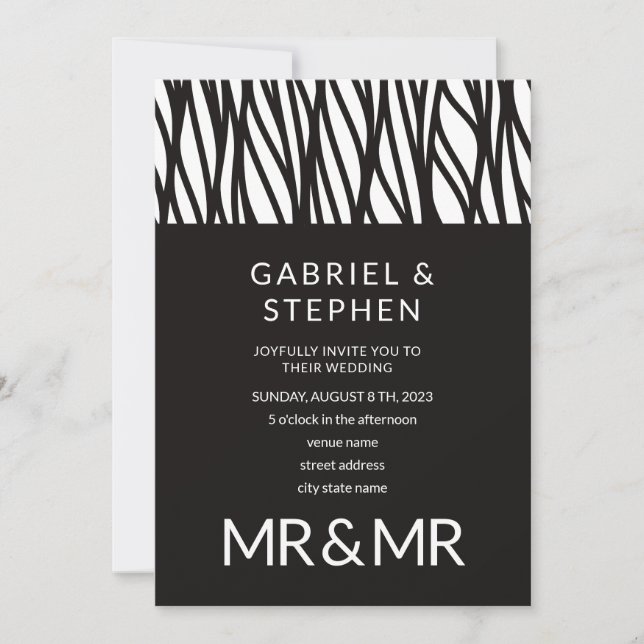 Elegant black white stripe typography gay wedding  invitation (Front)