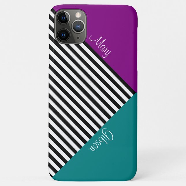 Elegant Black White Striped Purple Violet and Teal Case-Mate iPhone Case (Back)