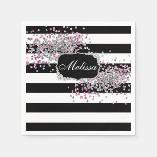 Elegant Black White Stripes Diamond Pink Bath Mat Napkin