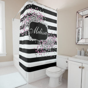 Elegant Black White Stripes Diamond Pink Sparkles Shower Curtain