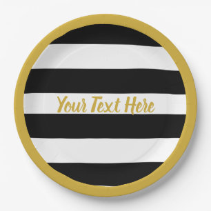 Elegant Black & White Stripes Gold Cursive Script Paper Plate