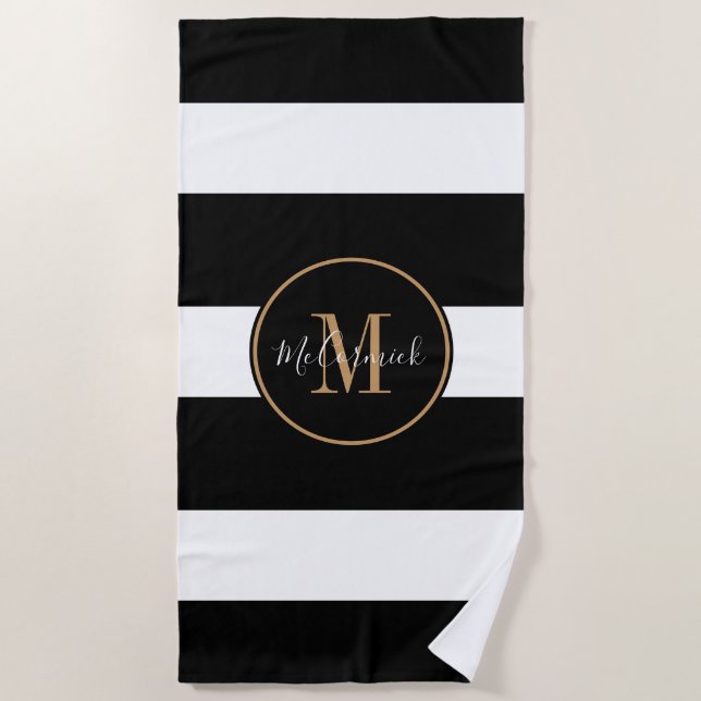 Elegant Black White Stripes Gold Monogram Name Beach Towel (Front)