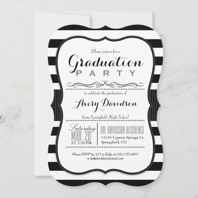 Elegant Black & White Stripes Graduation Party Invitation (Front)