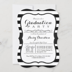 Elegant Black & White Stripes Graduation Party Invitation