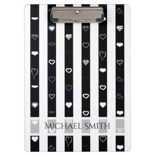 Elegant Black White Stripes Modern Heart Pattern Clipboard